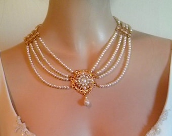 Bridal Pearl Necklace Pearls Silver Bride Choker Bride Necklace Multi Strand Pearls Rhinestone Ivory Pearls Crystal Collar Necklace Weddings