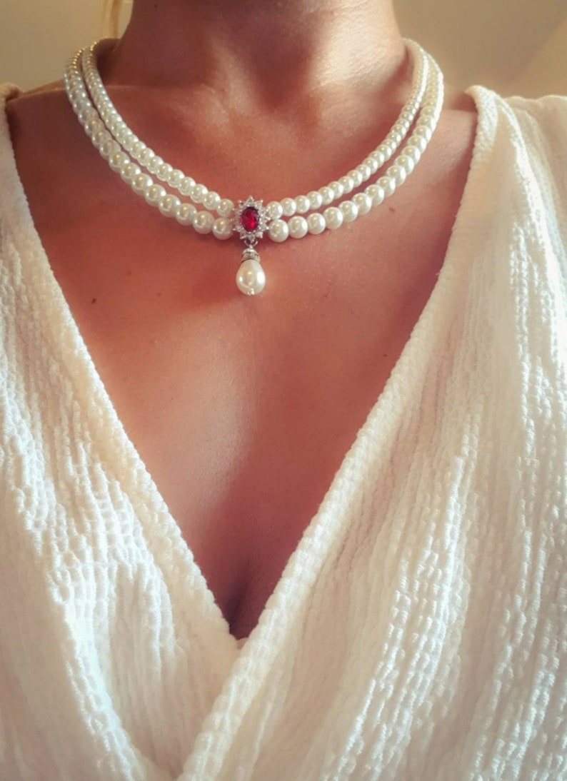 Wedding Set Pearls and Ruby Red Stone Ivory White Pearls Necklace And Earrings Bridal Set Drop Pearl Vintage Style Necklace Red Ruby Choker image 1