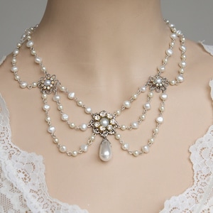 Wedding Pearl Necklace Victorian Bridal Vintage Bridal Necklace Wedding Victorian Necklace pearl Necklace Rhinestone Silver collier Florence