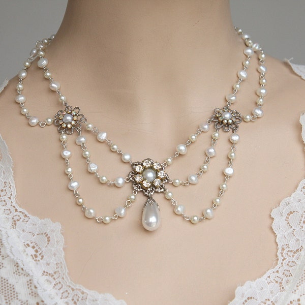 Wedding Pearl Necklace Victorian Bridal Vintage Bridal Necklace Wedding Victorian Necklace pearl Necklace Rhinestone Silver collier Florence