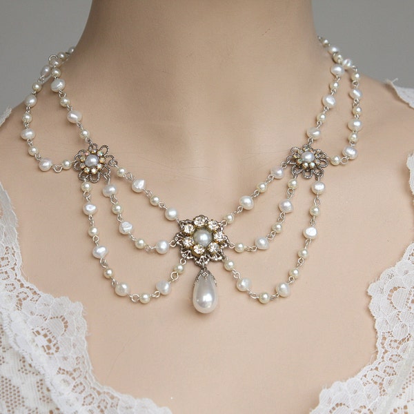 Victorian Bridal Pearl Necklace: Silver Rhinestone Wedding Choker