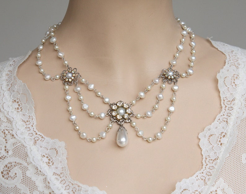 Wedding Pearl Necklace Victorian Bridal Vintage Bridal Necklace Wedding Victorian Necklace pearl Necklace Rhinestone Silver collier Florence image 1