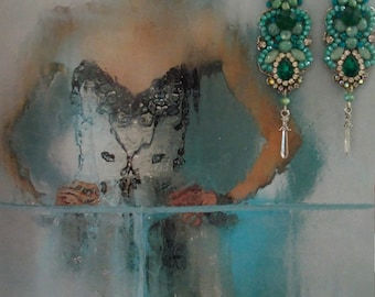 Turquoise Swarovski Crystal Bridal Earrings: Emerald Green Chandelier, Vintage Style