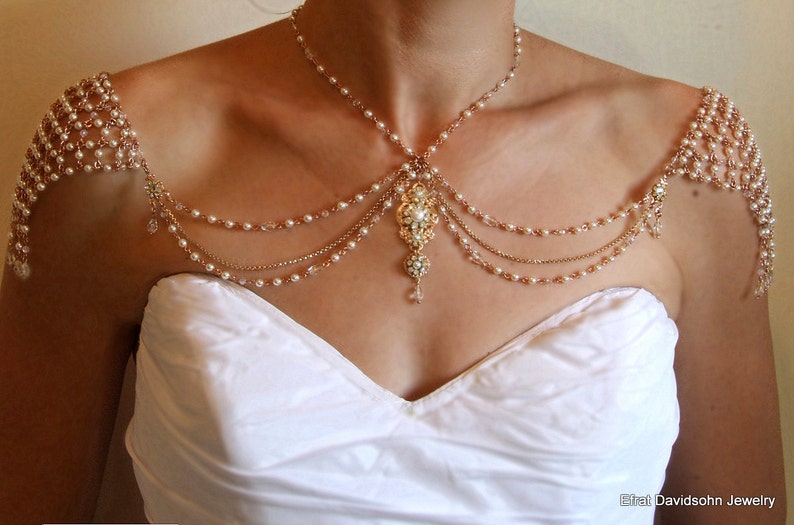Necklace For The SHOULDERS 1920s Inspiration Beaded Pearls And Rhinestone Jazz Age,Gold,OOAK Bridal Wedding Jewelry, Ivory cream Pearls image 3