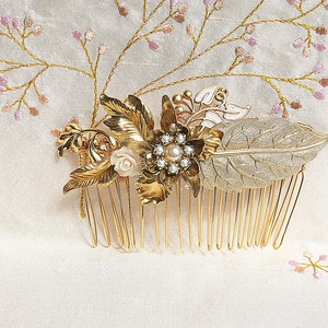 Bridal Hair Comb Pearls Vintage Wedding Hair comb Flower Vintage Shabby Chic Bride Hair Comb Gold Leafs Hair Piece Leafs Pearls Victorian image 6