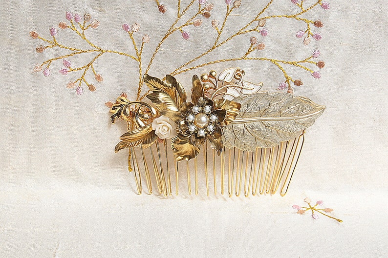 Bridal Hair Comb Pearls Vintage Wedding Hair comb Flower Vintage Shabby Chic Bride Hair Comb Gold Leafs Hair Piece Leafs Pearls Victorian image 6