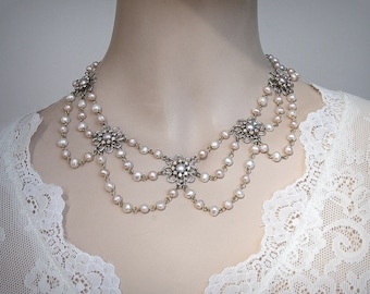 Vintage Floral Pearl Bridal Choker: Rhinestone Victorian Wedding Necklace