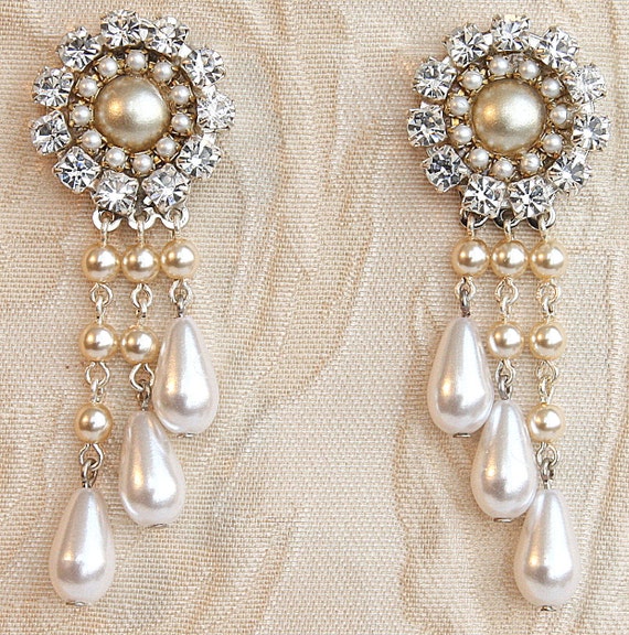 Bridal Chandelier Earrings: Rhinestone, Pearls, Sterling Silver Filigree