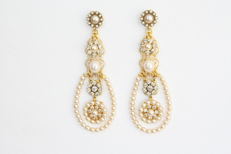 Bridal Chandelier Earrings Golden Filigree and Swarovski Crystal Rhinestone and Pearl Chandeliers Victorian Earrings Ivory Cream Pearls image 4