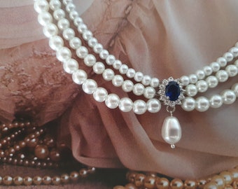 Wedding Necklace Pearls and Sapphire Blue Stone Ivory white Pearls Necklace Bridal Drop Pearl Vintage Style Silver Necklace Sapphire Choker