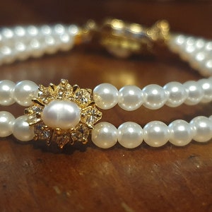Bridal Bracelet, Rhinestone and Pearls, Victorian Jewelry ,Wedding , Gold OR Silver, Swarovski Rhinestone Crystals, Ivory White Pearls Jane image 1