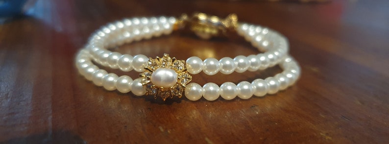 Bridal Bracelet, Rhinestone and Pearls, Victorian Jewelry ,Wedding , Gold OR Silver, Swarovski Rhinestone Crystals, Ivory White Pearls Jane image 1