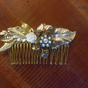 Bridal Hair Comb Pearls Vintage Wedding Hair comb Flower Vintage Shabby Chic Bride Hair Comb Gold Leafs Hair Piece Leafs Pearls Victorian image 9