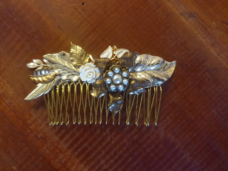 Bridal Hair Comb Pearls Vintage Wedding Hair comb Flower Vintage Shabby Chic Bride Hair Comb Gold Leafs Hair Piece Leafs Pearls Victorian image 9