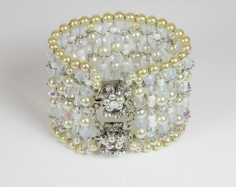 Braut Armband-Hochzeit-Kristallen und Perlen Armband Manschette Armband Silber Armband Vintage Style Armband 1930er Jahre Elfenbein Armband handgefertigt