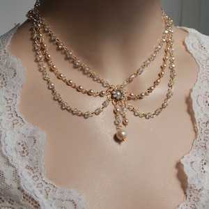 Victorian Bridal Necklace Vintage Necklace Swarovski Crystals Ivory Pearls Art Deco Rhinestone And Pearls Wedding Necklace Lacey image 1