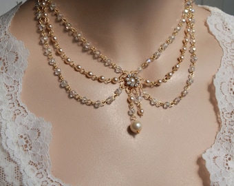 Victorian Bridal Necklace Vintage Necklace Swarovski Crystals Ivory Pearls Art Deco Rhinestone And Pearls Wedding Necklace - Lacey