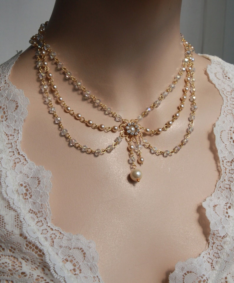 Victorian Bridal Necklace Vintage Necklace Swarovski Crystals Ivory Pearls Art Deco Rhinestone And Pearls Wedding Necklace Lacey image 1