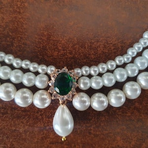 Collana girocollo da sposa con smeraldi e perle: collana da sposa con strass immagine 8