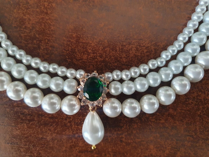 Collana girocollo da sposa con smeraldi e perle: collana da sposa con strass immagine 8
