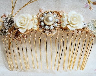 Bridal Hair Comb Wedding Hair Accessories Gold Wedding Hair Comb,Vintage Style Hair Piece Ivory Flowers Hair Piece Jewelry with Pearls Comb