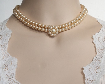 Wedding necklace Cream rose Pearls Gold Victorian Pearl Bridal Necklace Bridal Choker Champagne Ivory Vintage two Wedding Necklace Pearl