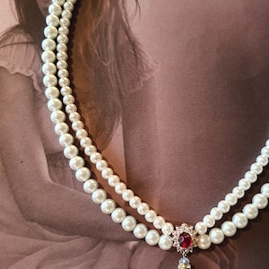 Wedding Set Pearls and Ruby Red Stone Ivory White Pearls Necklace And Earrings Bridal Set Drop Pearl Vintage Style Necklace Red Ruby Choker image 9