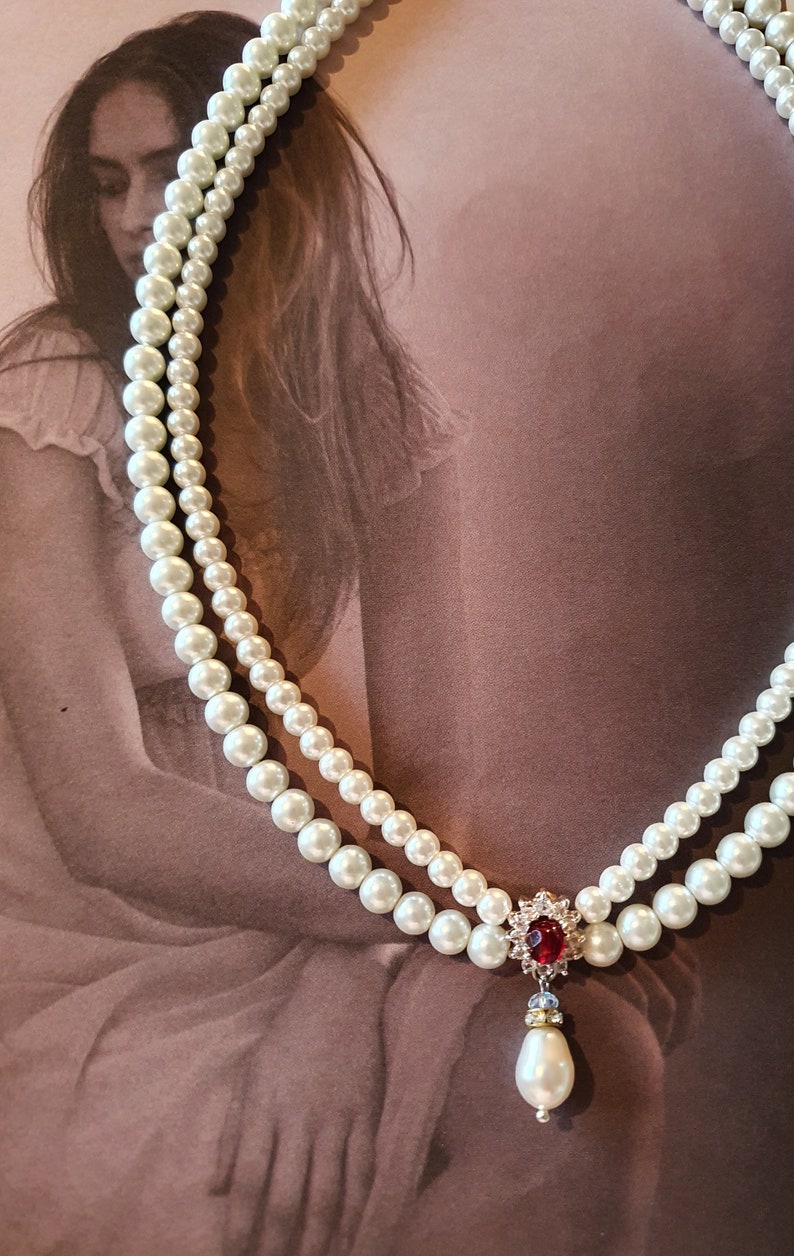 Wedding Set Pearls and Ruby Red Stone Ivory White Pearls Necklace And Earrings Bridal Set Drop Pearl Vintage Style Necklace Red Ruby Choker image 9
