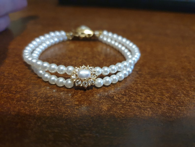 Bridal Bracelet, Rhinestone and Pearls, Victorian Jewelry ,Wedding , Gold OR Silver, Swarovski Rhinestone Crystals, Ivory White Pearls Jane image 2