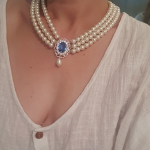 Gold triple strand pearls Sapphire Necklace Wedding Pearl Bridal Choker Rhinestone Something Blue Multi Row Vintage Jewelry Lady D OOAK image 8