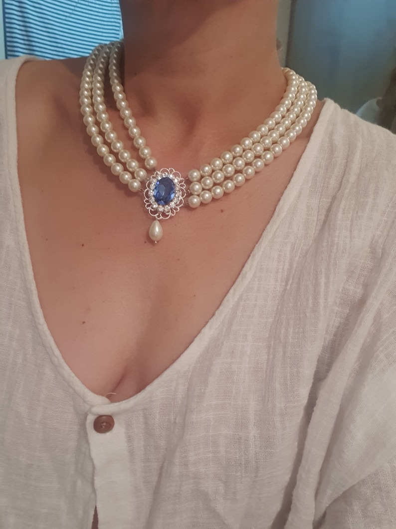 Gold triple strand pearls Sapphire Necklace Wedding Pearl Bridal Choker Rhinestone Something Blue Multi Row Vintage Jewelry Lady D OOAK image 8