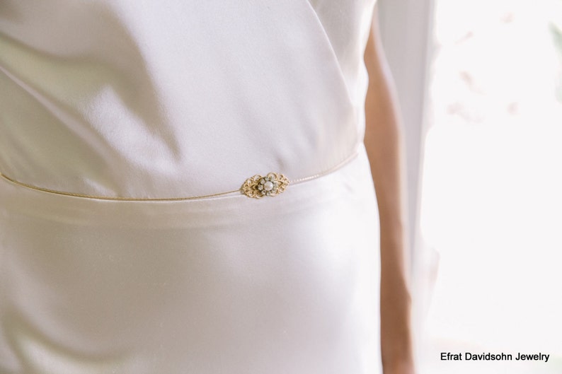 Gold Bridal Belt Sash Rhinestone Crystal Pearls Victorian Vintage Style Jewelry Wedding Dress Belt Accessory Unique Bridal Sash Chain image 3