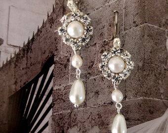 Bridal earrings wedding earrings wedding chandelier pearl earrings drop pearl vintage style Swarovski rhinestone crystals long earrings OOAK