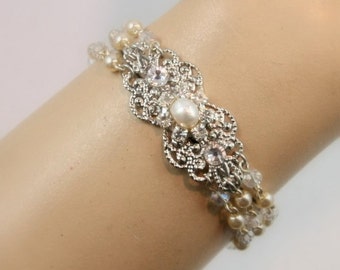 Bridal bracelet Pearl bracelet Wedding cuff Bride Bracelet Swarovski Crystals Pearls and Silver Filigree rhinestone bracelet Vintage Style