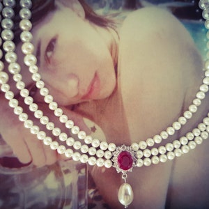 Wedding Necklace Pearls and Genuine Ruby Red Stone Ivory white Pearls Necklace Bridal Drop Pearl Vintage Style Silver Necklace Ruby Choker