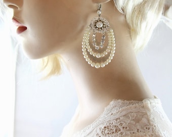 Handmade Bridal Pearl Chandelier Earrings: Silver Rhinestone Wedding Jewelry