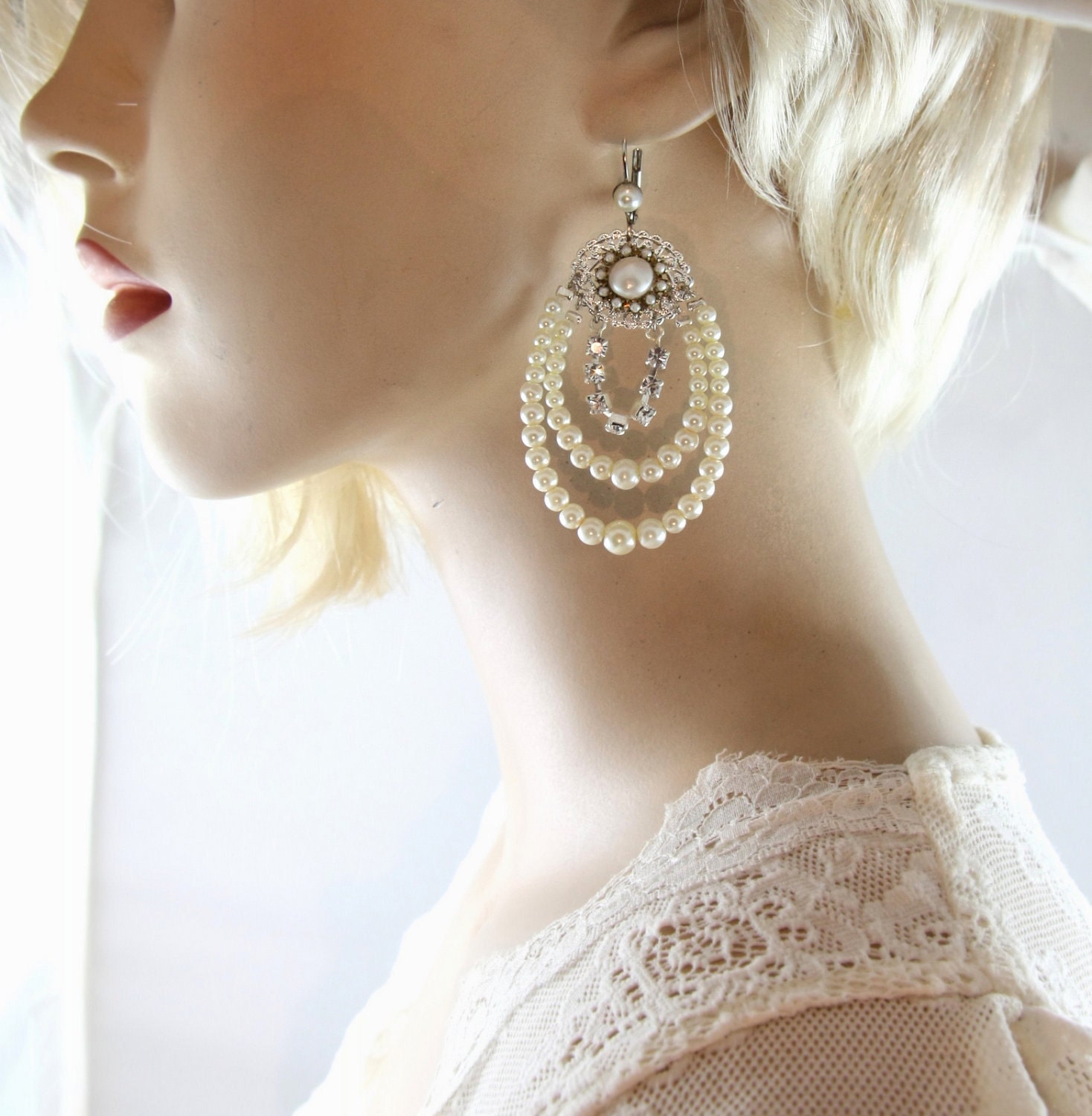 Bridal Pearl Chandelier Earrings silver Rhinestone Wedding Etsy