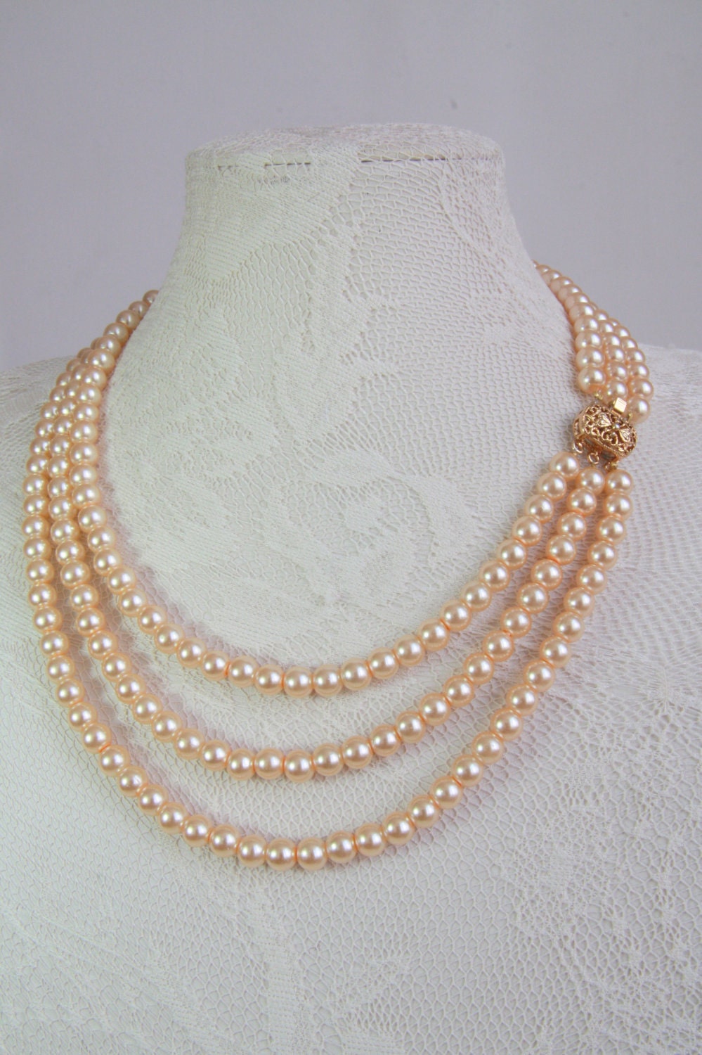 Double Rang Fine Golden Pink Chain Bride necklace Transparent Faceted Pearls and Synthetic Hematites EMMANUELLE COU ORNEMENTA -
