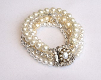 Pearl Bridal Bracelet Silver Wedding Vintage Bracelet cuff Crystals Swarovski Pearls Rhinestones Wedding Multi strand Vintage Style Bracelet