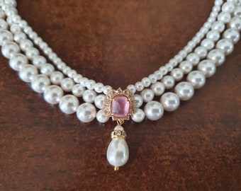 Bridal Pearl & Rose Crystal Necklace and Earrings Set: Gold Wedding Jewelry
