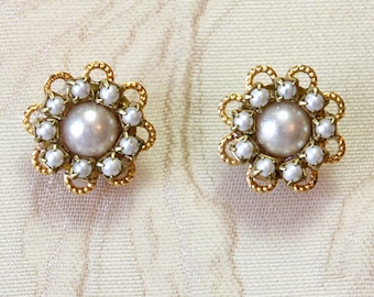 Vintage Style Bridal Pearl Earrings: Gold Flower Rhinestone, Cream Ivory