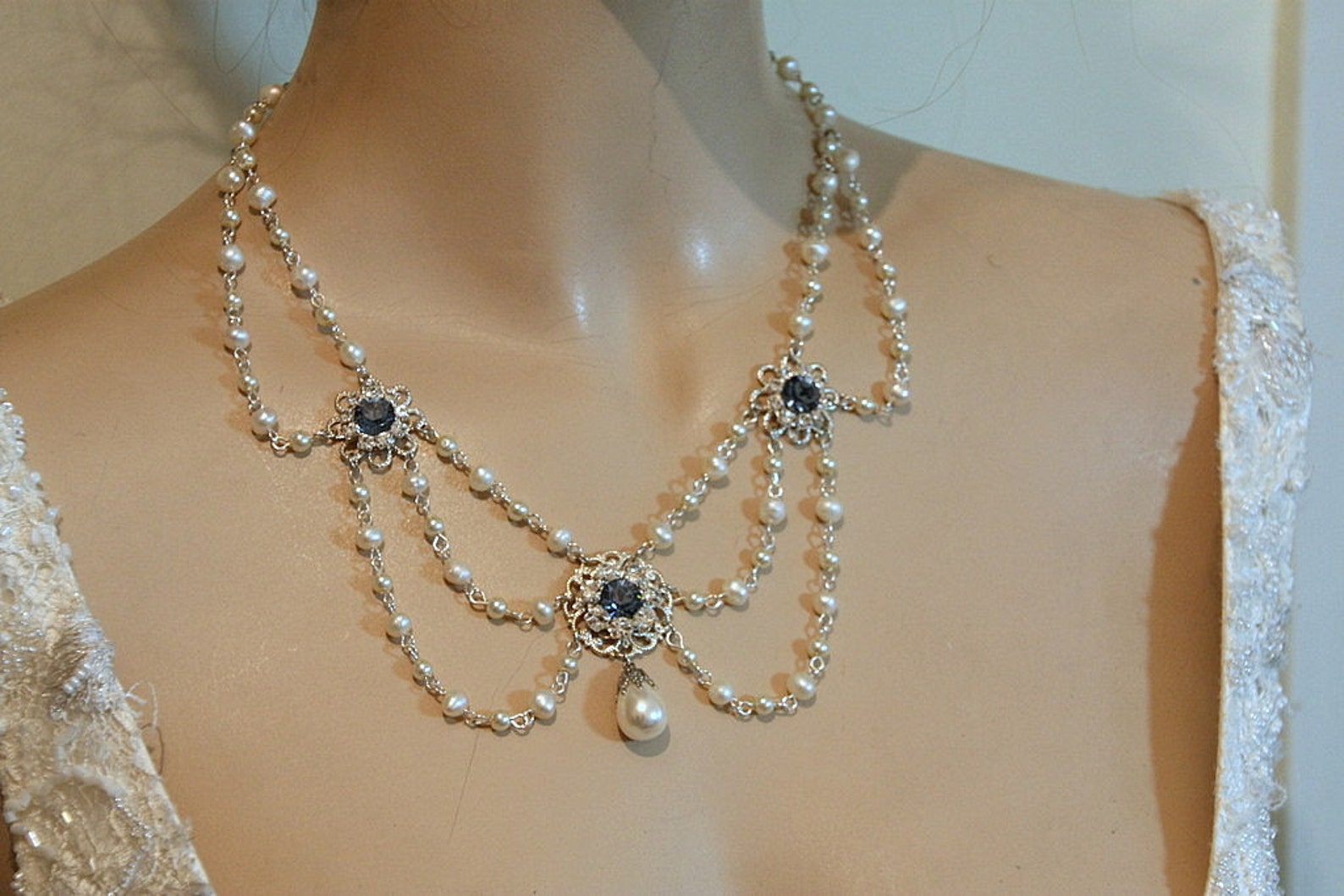 Vintage Bridal Pearl Necklace Blue Sapphire Stones Necklace - Etsy