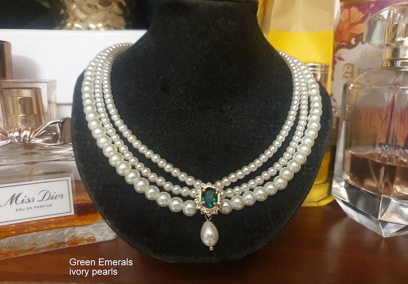 Collana girocollo da sposa con smeraldi e perle: collana da sposa con strass immagine 10