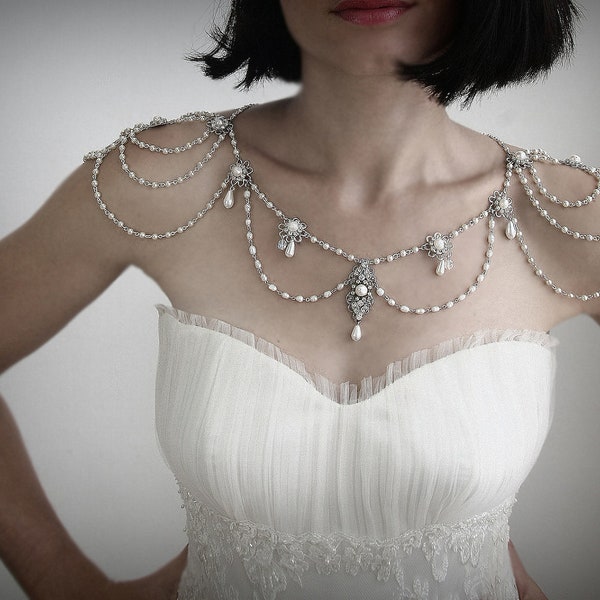 Pearl Shoulder Necklace: 1920s Bridal Jewelry, Rhinestone Silver Epaulettes