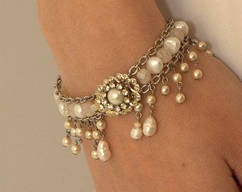 Vintage Style Pearl Bridal Bracelet: Rhinestone Silver Wedding Jewelry