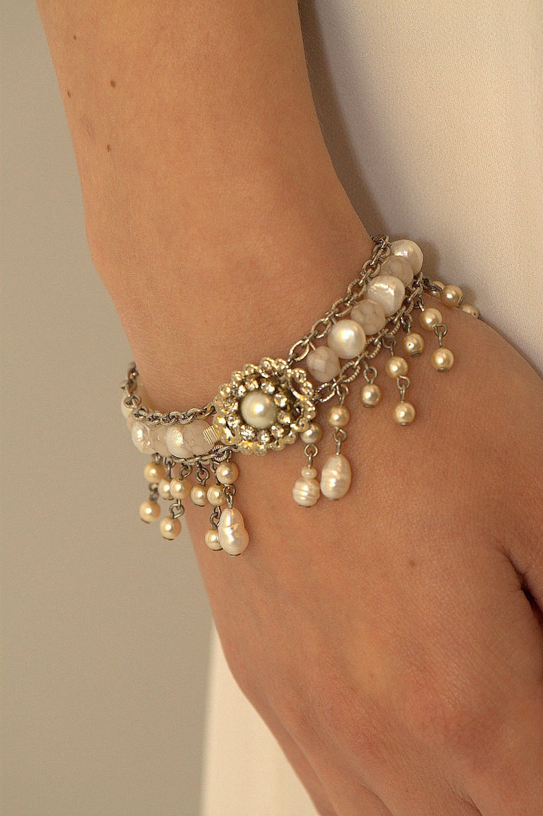 Bridal Bracelet Pearls Wedding Bracelet Rhinestone Vintage Style Bride Bracelet Victorian Jewelry Wedding Jewelry Crystals Bracelet 1920s image 1