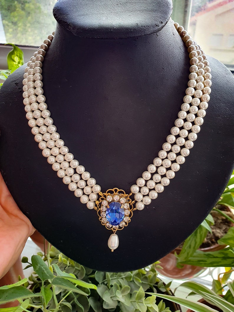 Gold triple strand pearls Sapphire Necklace Wedding Pearl Bridal Choker Rhinestone Something Blue Multi Row Vintage Jewelry Lady D OOAK image 6