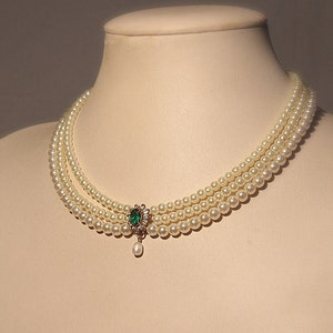 Bridal Necklace Emerald Stone Green Emerald Bridal Pearls Necklace Statement pearl Choker Wedding Rhinestone Zirconium Pearls Strand
