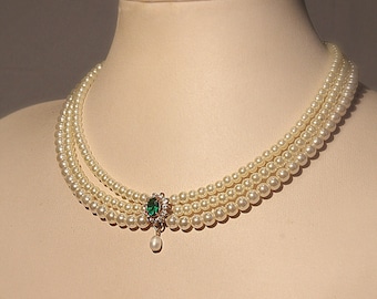 Emerald & Pearl Bridal Choker: Rhinestone Wedding Necklace