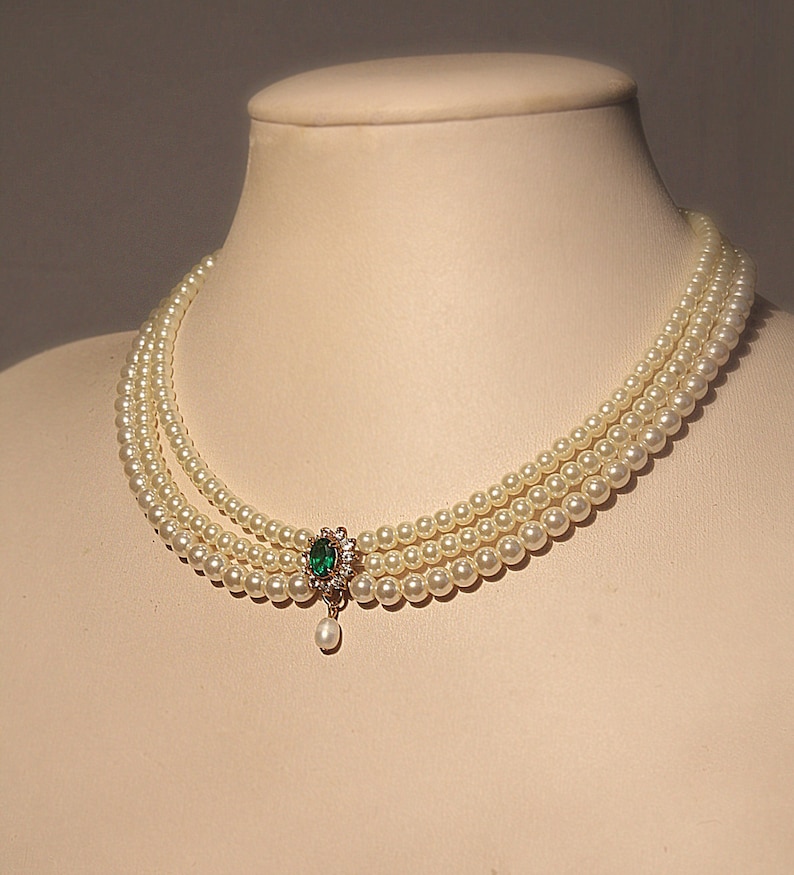 Collana girocollo da sposa con smeraldi e perle: collana da sposa con strass immagine 1